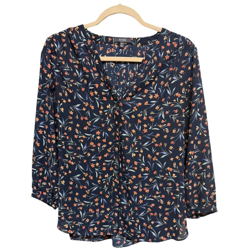 NYDJ Women's Floral Pintuck Blouse XS Navy Orange Lightweight Long Sleeve Boho